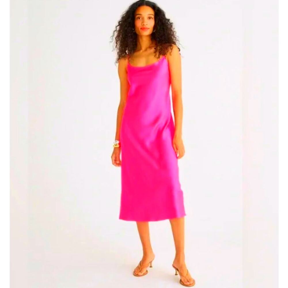 J. Crew Gwyneth Neon Fuchsia Luster Charmeuse Slip Dress Midi NWT 18 90s - Picture 1 of 5